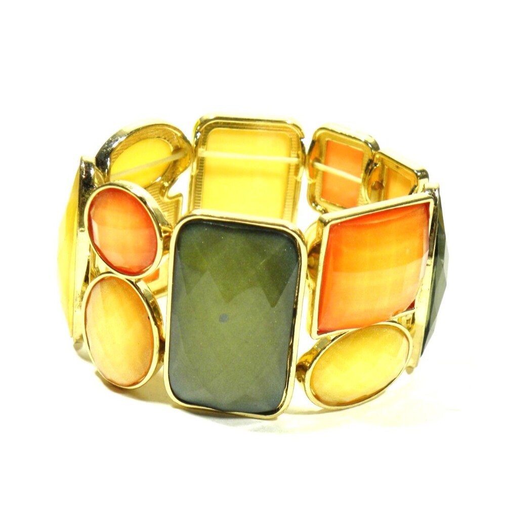 Chunky Stretch Bracelet Gold Tone Wide Green Orange Faceted Autumn Geometric